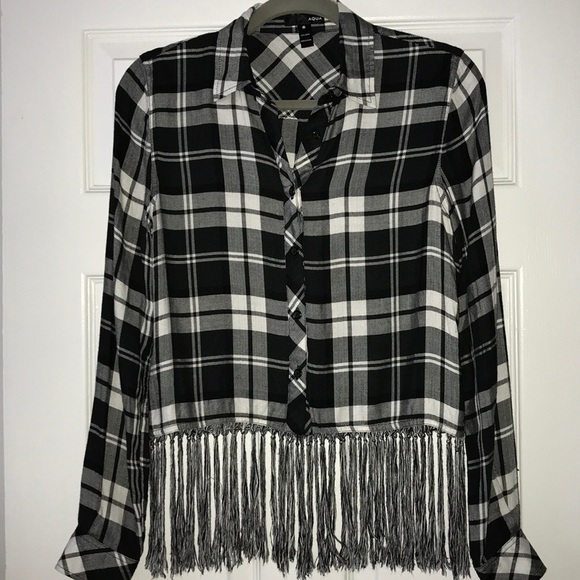 Fringed Cropped Woman’s Blouse Black White Plaid Button Up Top Size XSMALL - Picture 1 of 7